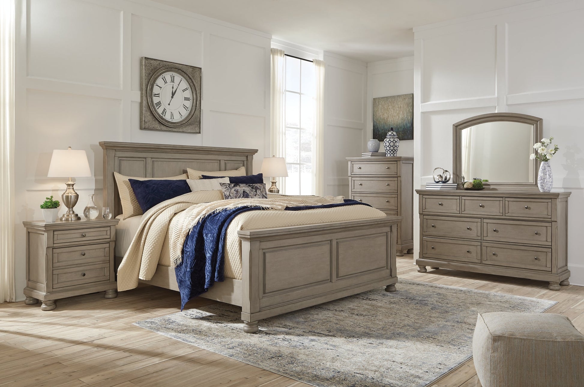 Lettner California King Panel Bed with Mirrored Dresser, Chest and Nightstand at Walker Mattress and Furniture Locations in Cedar Park and Belton TX.