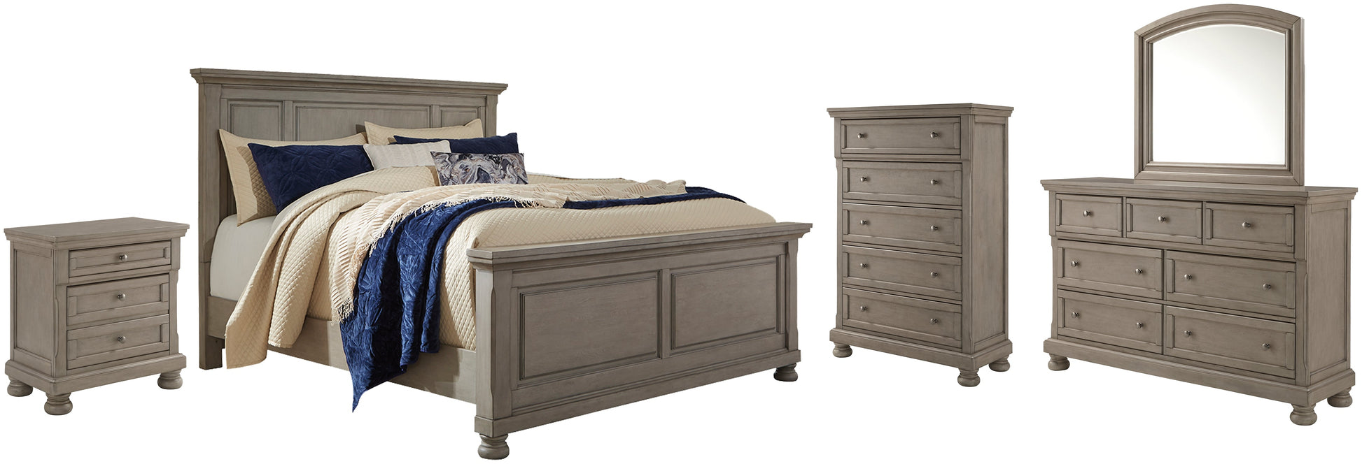 Lettner California King Panel Bed with Mirrored Dresser, Chest and Nightstand at Walker Mattress and Furniture Locations in Cedar Park and Belton TX.
