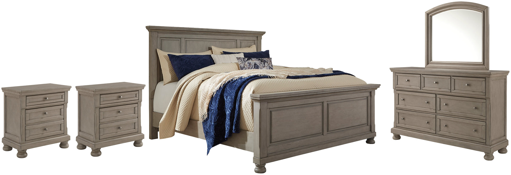 Lettner California King Panel Bed with Mirrored Dresser and 2 Nightstands at Walker Mattress and Furniture Locations in Cedar Park and Belton TX.