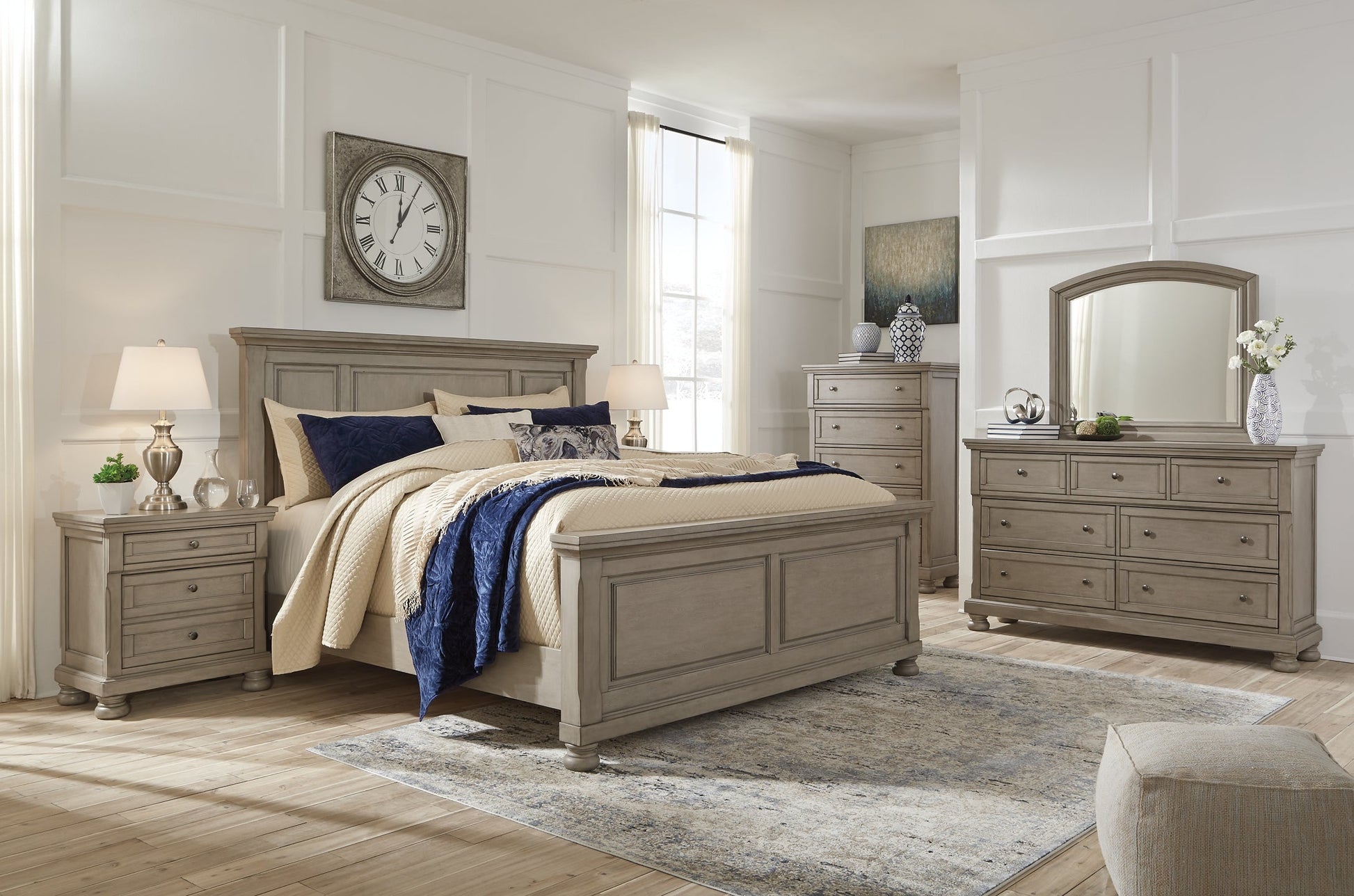 Lettner California King Panel Bed with Mirrored Dresser and 2 Nightstands at Walker Mattress and Furniture Locations in Cedar Park and Belton TX.