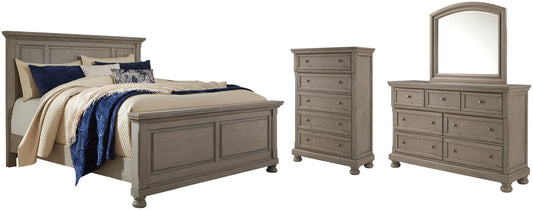 Lettner California King Panel Bed with Mirrored Dresser and Chest at Walker Mattress and Furniture Locations in Cedar Park and Belton TX.