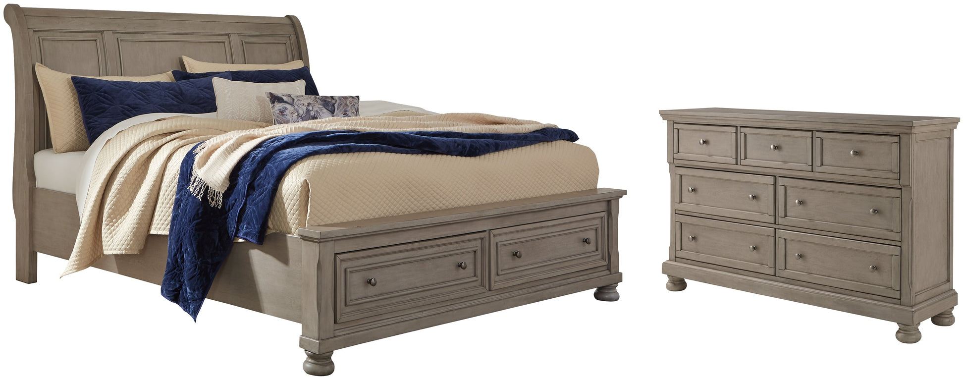 Lettner California King Sleigh Bed with Dresser at Walker Mattress and Furniture Locations in Cedar Park and Belton TX.