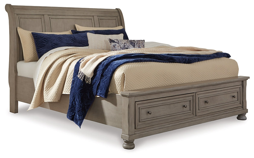Lettner California King Sleigh Bed with Mirrored Dresser, Chest and Nightstand at Walker Mattress and Furniture Locations in Cedar Park and Belton TX.