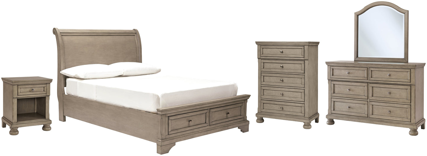 Lettner Full Sleigh Bed with Mirrored Dresser, Chest and Nightstand at Walker Mattress and Furniture Locations in Cedar Park and Belton TX.