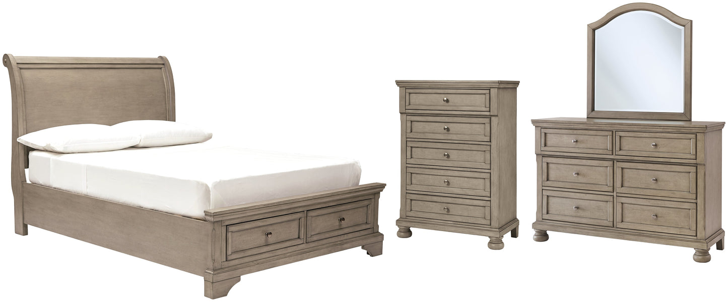 Lettner Full Sleigh Bed with Mirrored Dresser and Chest at Walker Mattress and Furniture Locations in Cedar Park and Belton TX.