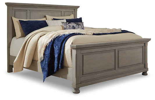 Lettner King Panel Bed with Mirrored Dresser, Chest and 2 Nightstands at Walker Mattress and Furniture Locations in Cedar Park and Belton TX.