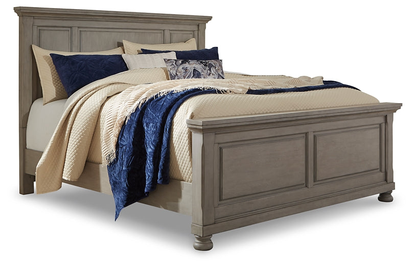 Lettner King Panel Bed with Mirrored Dresser, Chest and Nightstand at Walker Mattress and Furniture Locations in Cedar Park and Belton TX.