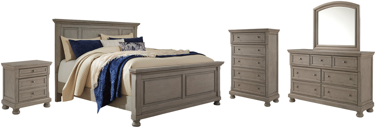 Lettner King Panel Bed with Mirrored Dresser, Chest and Nightstand at Walker Mattress and Furniture Locations in Cedar Park and Belton TX.