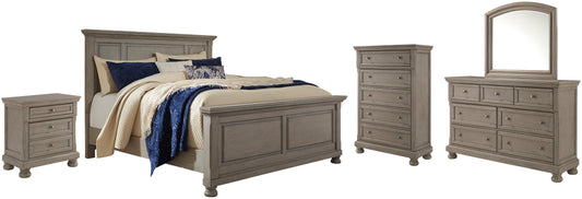 Lettner King Panel Bed with Mirrored Dresser, Chest and Nightstand at Walker Mattress and Furniture Locations in Cedar Park and Belton TX.