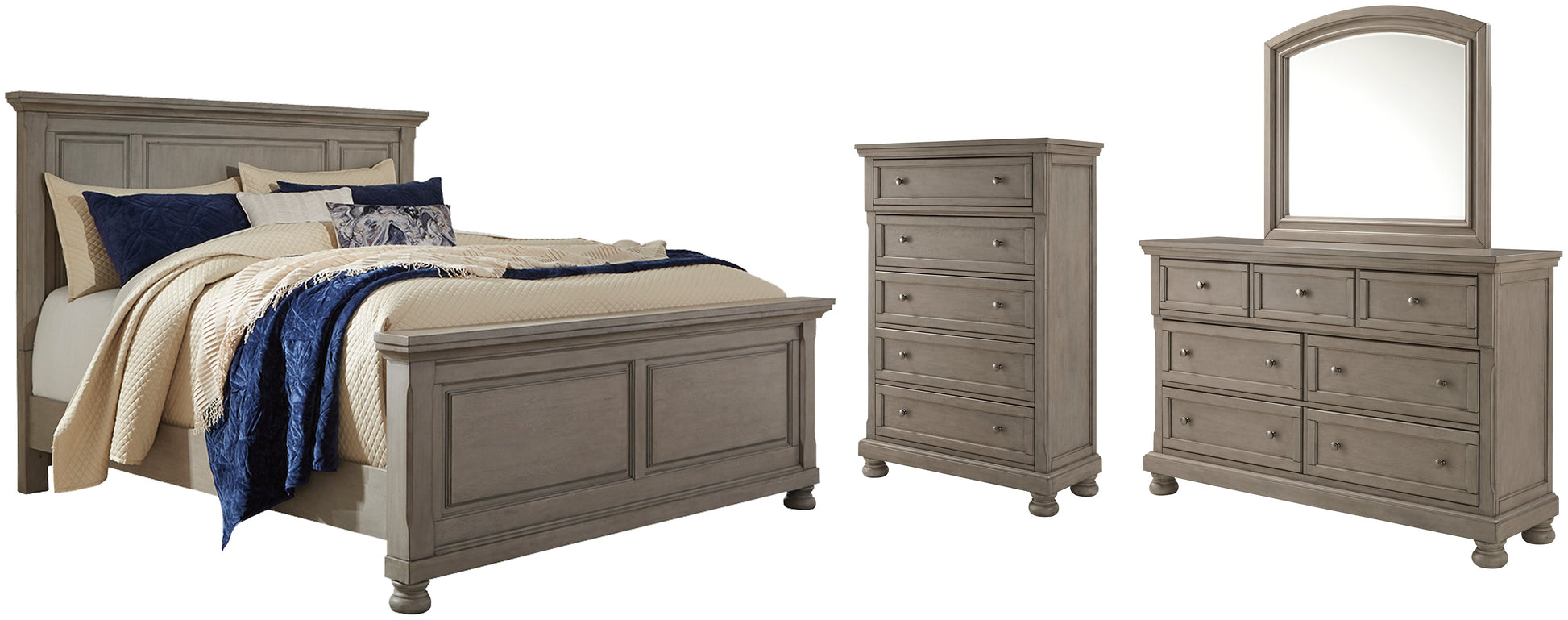 Lettner King Panel Bed with Mirrored Dresser and Chest at Walker Mattress and Furniture Locations in Cedar Park and Belton TX.