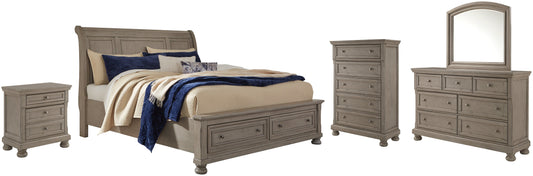Lettner King Sleigh Bed with 2 Storage Drawers with Mirrored Dresser, Chest and Nightstand at Walker Mattress and Furniture Locations in Cedar Park and Belton TX.