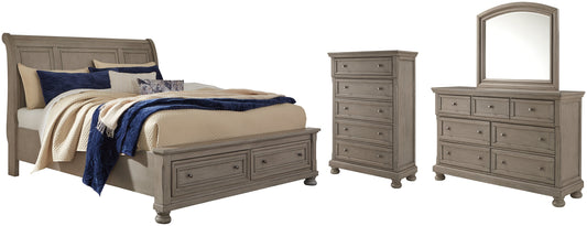 Lettner King Sleigh Bed with 2 Storage Drawers with Mirrored Dresser and Chest at Walker Mattress and Furniture Locations in Cedar Park and Belton TX.