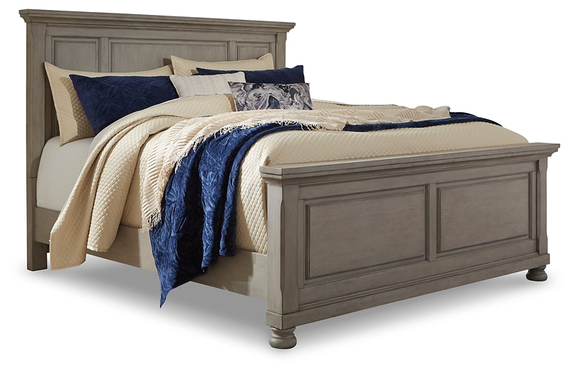 Lettner Queen Panel Bed with Mirrored Dresser, Chest and Nightstand at Walker Mattress and Furniture Locations in Cedar Park and Belton TX.