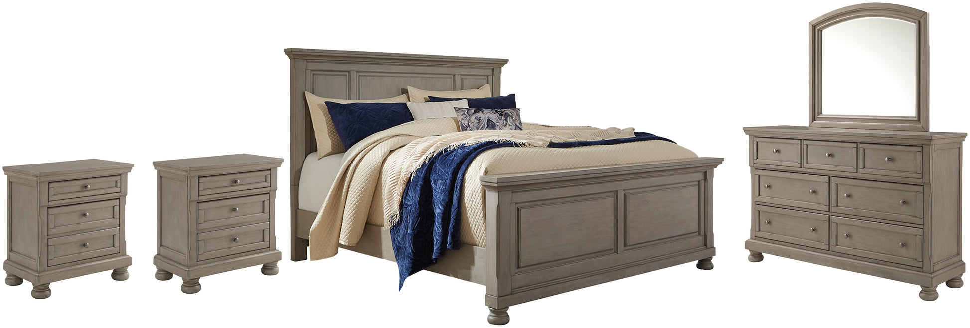 Lettner Queen Panel Bed with Mirrored Dresser and 2 Nightstands at Walker Mattress and Furniture Locations in Cedar Park and Belton TX.