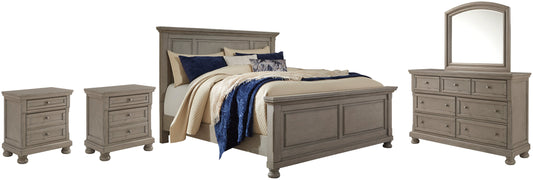 Lettner Queen Panel Bed with Mirrored Dresser and 2 Nightstands at Walker Mattress and Furniture Locations in Cedar Park and Belton TX.