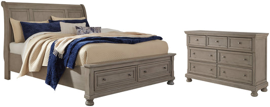 Lettner Queen Sleigh Bed with 2 Storage Drawers with Dresser with Dresser at Walker Mattress and Furniture Locations in Cedar Park and Belton TX.