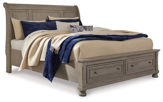 Lettner Queen Sleigh Bed with 2 Storage Drawers with Mirrored Dresser, Chest and 2 Nightstands at Walker Mattress and Furniture Locations in Cedar Park and Belton TX.