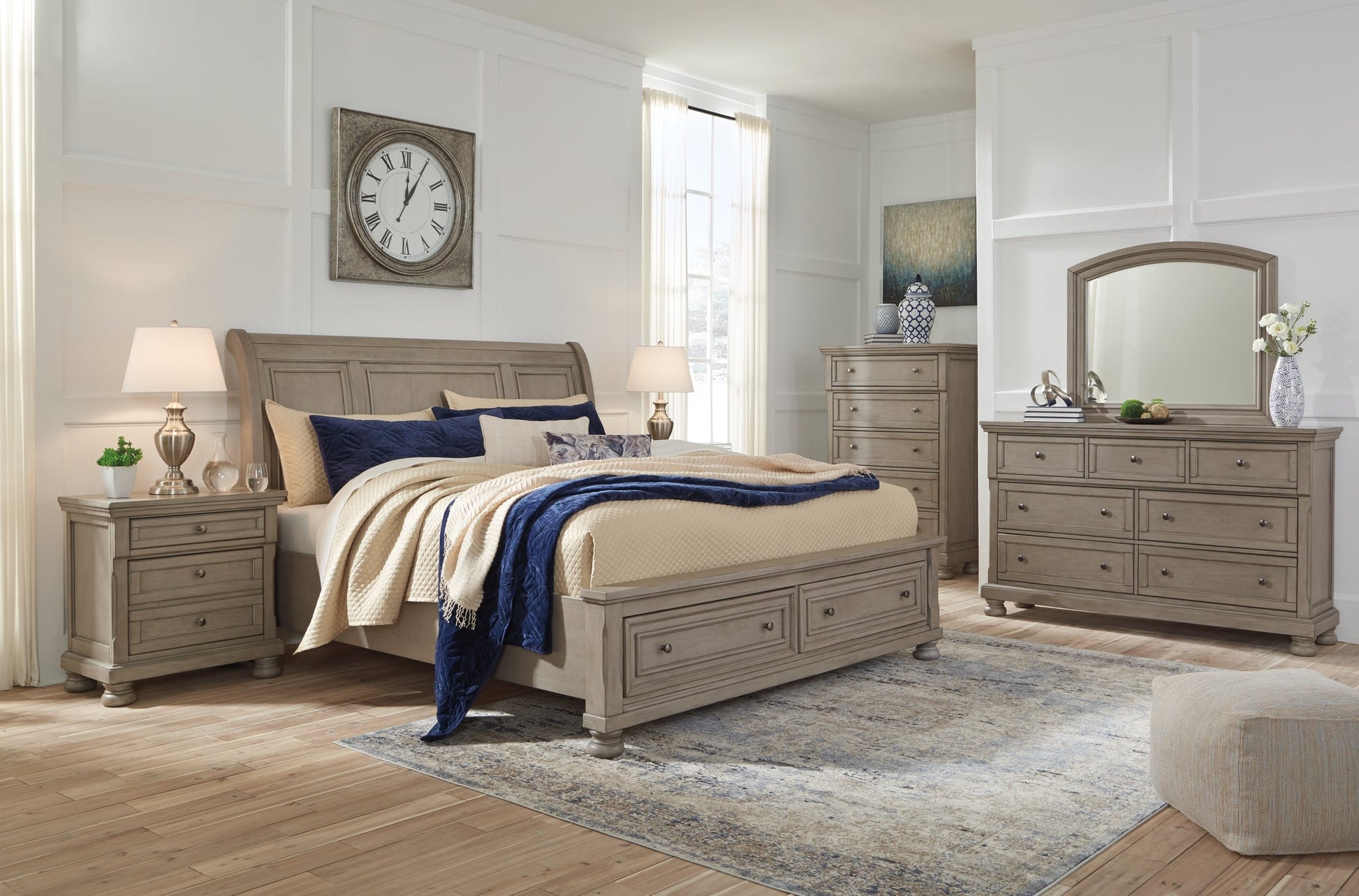 Lettner Queen Sleigh Bed with 2 Storage Drawers with Mirrored Dresser, Chest and 2 Nightstands at Walker Mattress and Furniture Locations in Cedar Park and Belton TX.