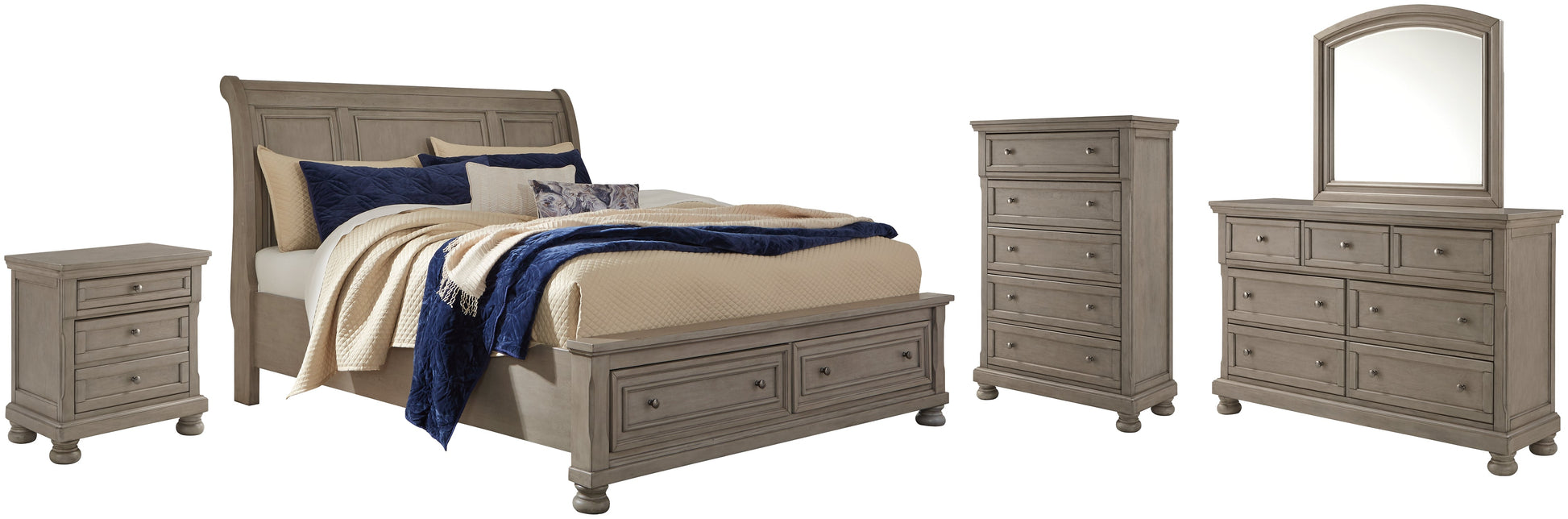Lettner Queen Sleigh Bed with 2 Storage Drawers with Mirrored Dresser, Chest and Nightstand at Walker Mattress and Furniture Locations in Cedar Park and Belton TX.