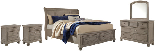 Lettner Queen Sleigh Bed with 2 Storage Drawers with Mirrored Dresser and 2 Nightstands at Walker Mattress and Furniture Locations in Cedar Park and Belton TX.