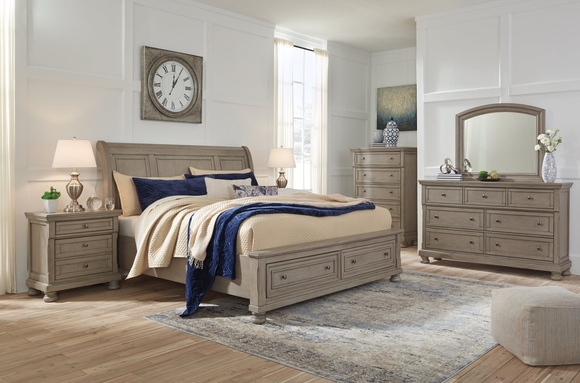 Lettner Queen Sleigh Bed with 2 Storage Drawers with Mirrored Dresser and Chest at Walker Mattress and Furniture Locations in Cedar Park and Belton TX.