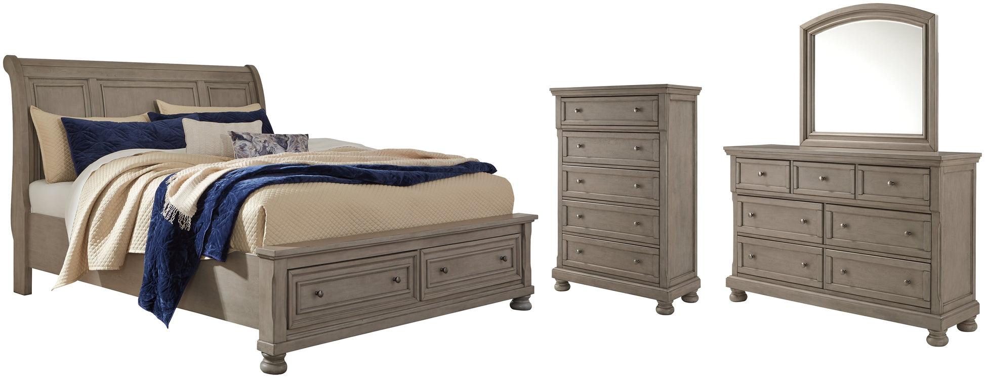 Lettner Queen Sleigh Bed with 2 Storage Drawers with Mirrored Dresser and Chest at Walker Mattress and Furniture Locations in Cedar Park and Belton TX.