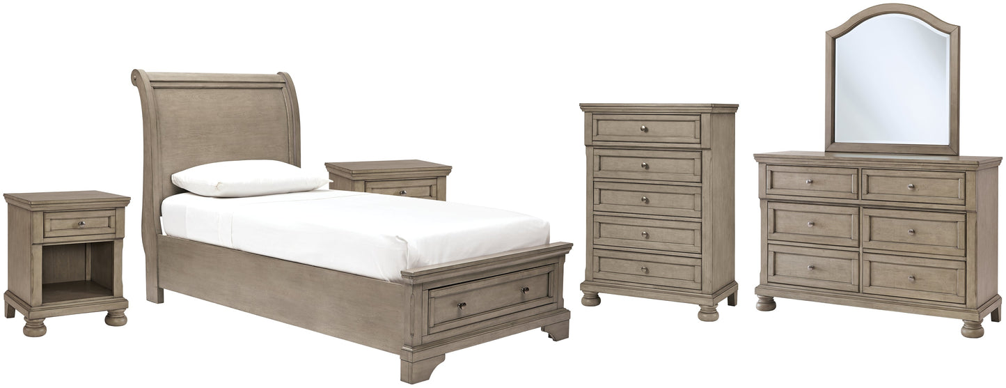 Lettner Twin Sleigh Bed with Mirrored Dresser, Chest and 2 Nightstands at Walker Mattress and Furniture Locations in Cedar Park and Belton TX.