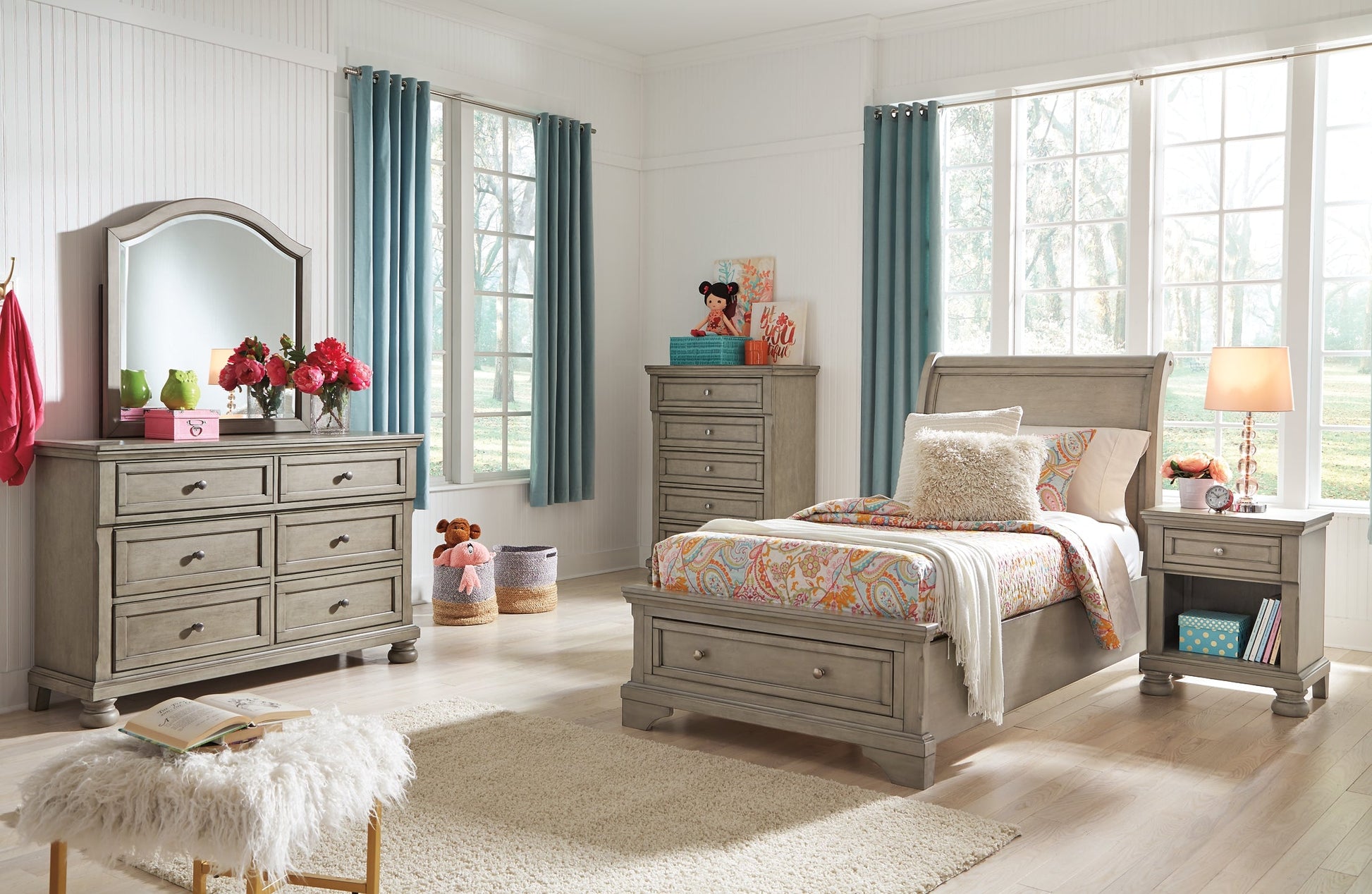 Lettner Twin Sleigh Bed with Mirrored Dresser, Chest and Nightstand at Walker Mattress and Furniture Locations in Cedar Park and Belton TX.