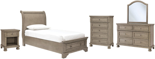 Lettner Twin Sleigh Bed with Mirrored Dresser, Chest and Nightstand at Walker Mattress and Furniture Locations in Cedar Park and Belton TX.