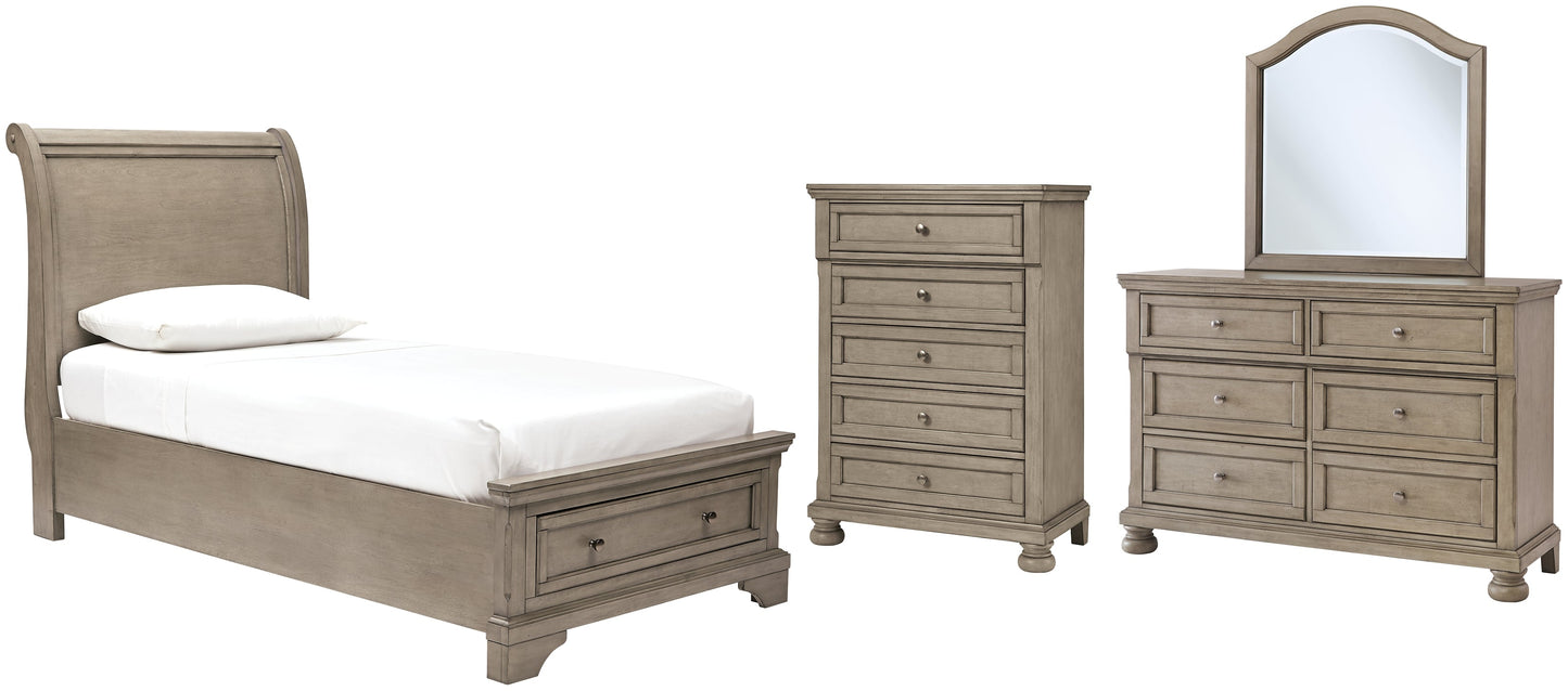Lettner Twin Sleigh Bed with Mirrored Dresser and Chest at Walker Mattress and Furniture Locations in Cedar Park and Belton TX.