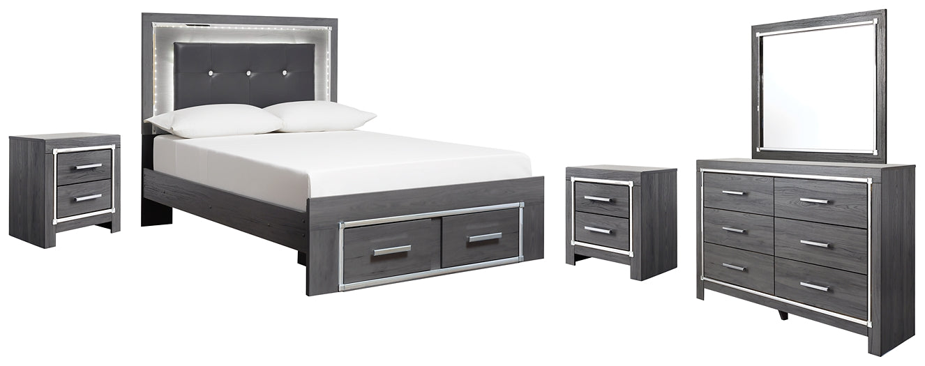 Lodanna Full Panel Bed with 2 Storage Drawers with Mirrored Dresser and 2 Nightstands at Walker Mattress and Furniture Locations in Cedar Park and Belton TX.