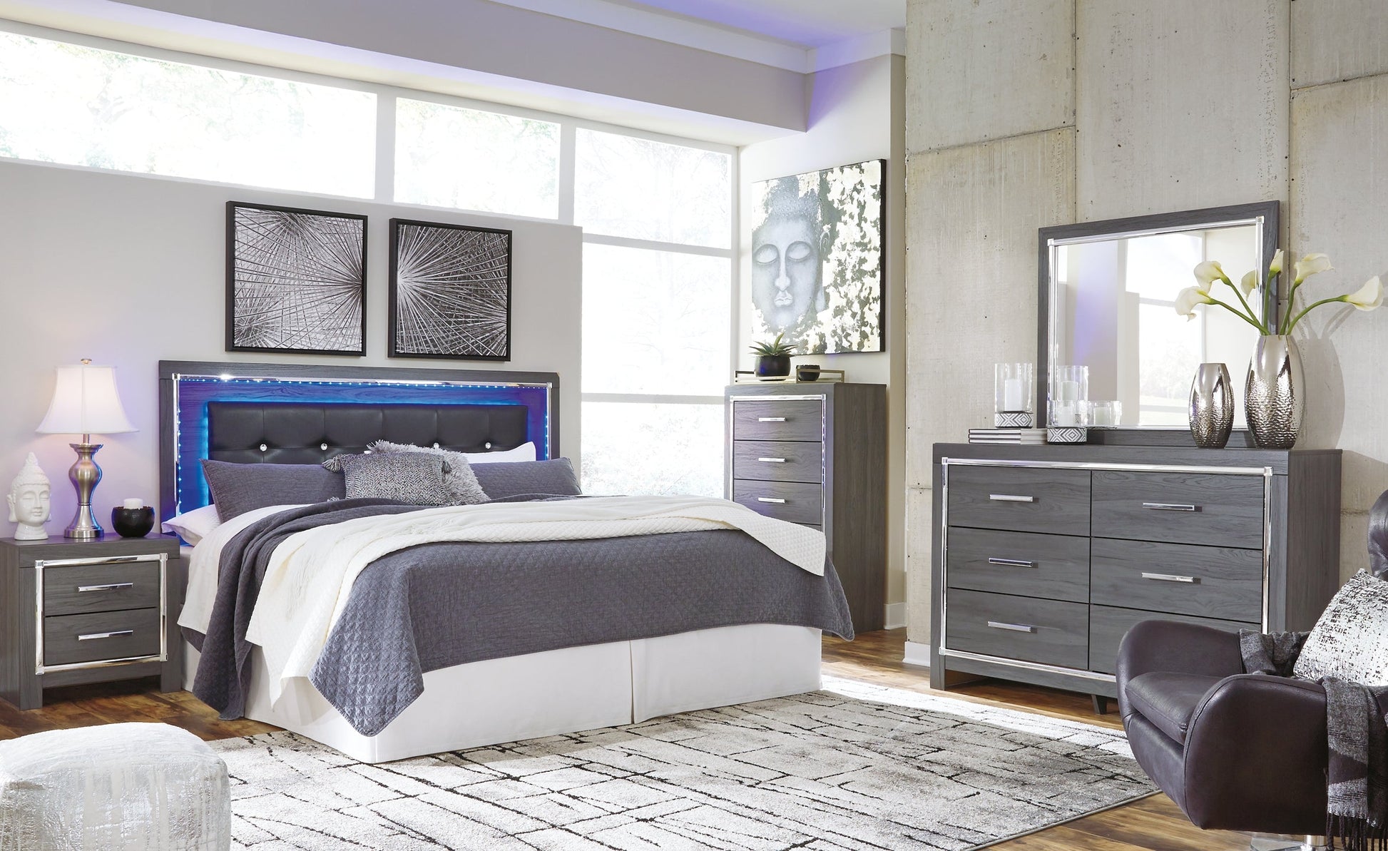 Lodanna King/California King Upholstered Panel Headboard with Mirrored Dresser and 2 Nightstands at Walker Mattress and Furniture Locations in Cedar Park and Belton TX.