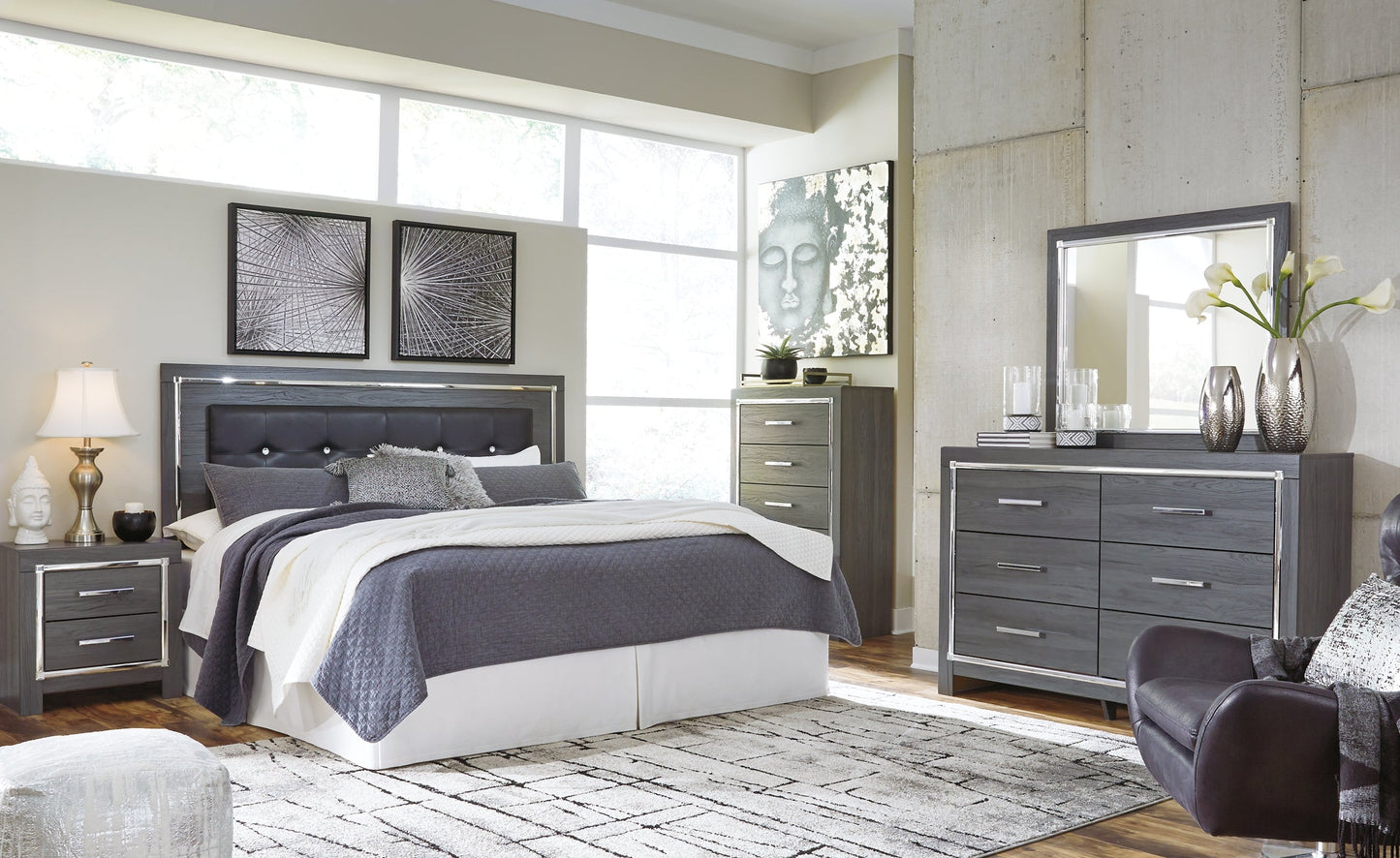 Lodanna King/California King Upholstered Panel Headboard with Mirrored Dresser and Chest at Walker Mattress and Furniture Locations in Cedar Park and Belton TX.
