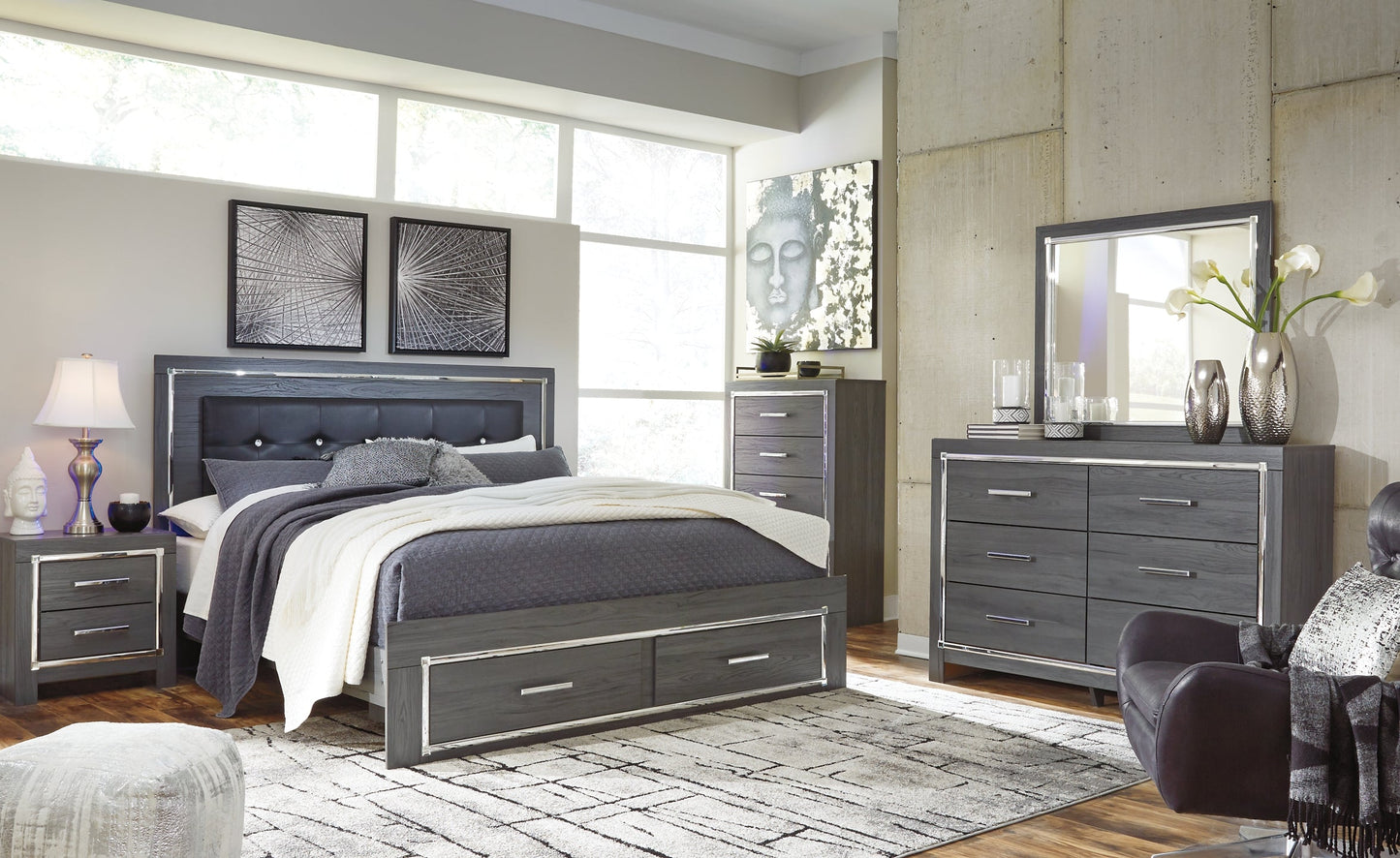 Lodanna King Panel Bed with 2 Storage Drawers with Mirrored Dresser, Chest and 2 Nightstands at Walker Mattress and Furniture Locations in Cedar Park and Belton TX.