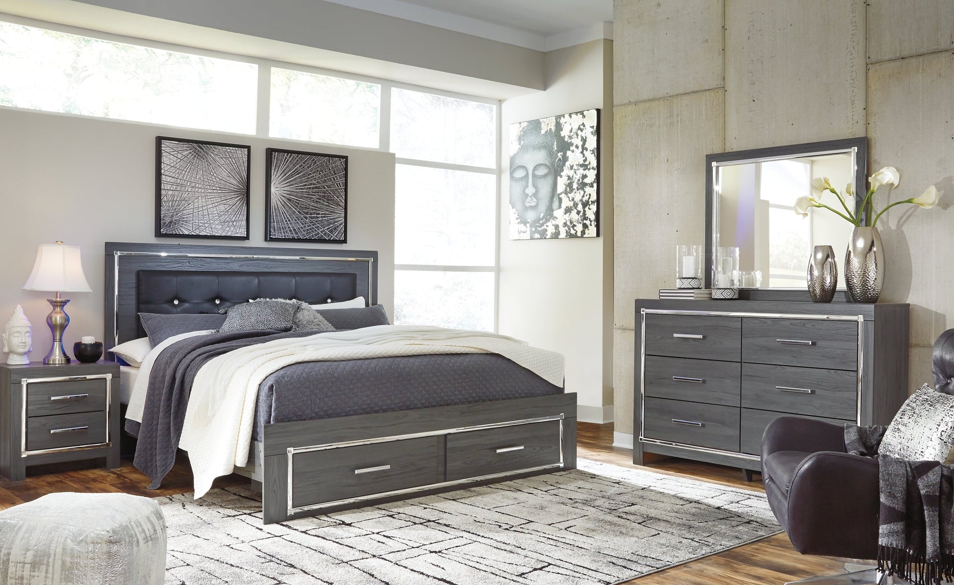 Lodanna King Panel Bed with 2 Storage Drawers with Mirrored Dresser, Chest and Nightstand at Walker Mattress and Furniture Locations in Cedar Park and Belton TX.