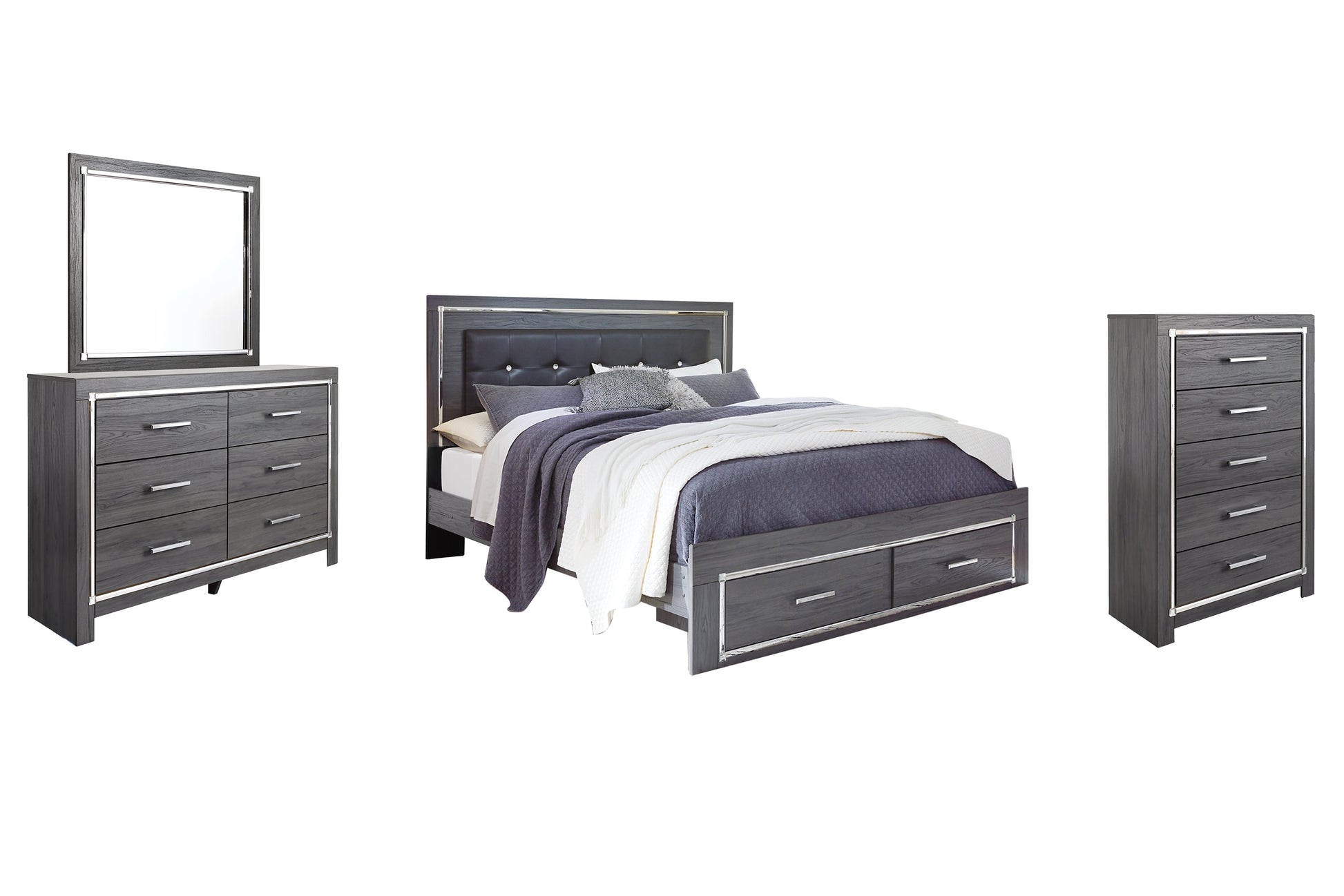 Lodanna King Panel Bed with 2 Storage Drawers with Mirrored Dresser, Chest and Nightstand at Walker Mattress and Furniture Locations in Cedar Park and Belton TX.