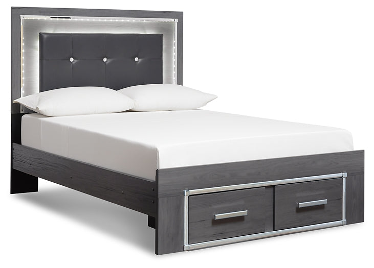 Lodanna King Panel Bed with 2 Storage Drawers with Mirrored Dresser, Chest and Nightstand at Walker Mattress and Furniture Locations in Cedar Park and Belton TX.
