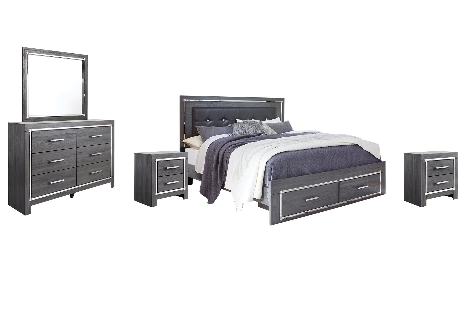Lodanna King Panel Bed with 2 Storage Drawers with Mirrored Dresser and 2 Nightstands at Walker Mattress and Furniture Locations in Cedar Park and Belton TX.