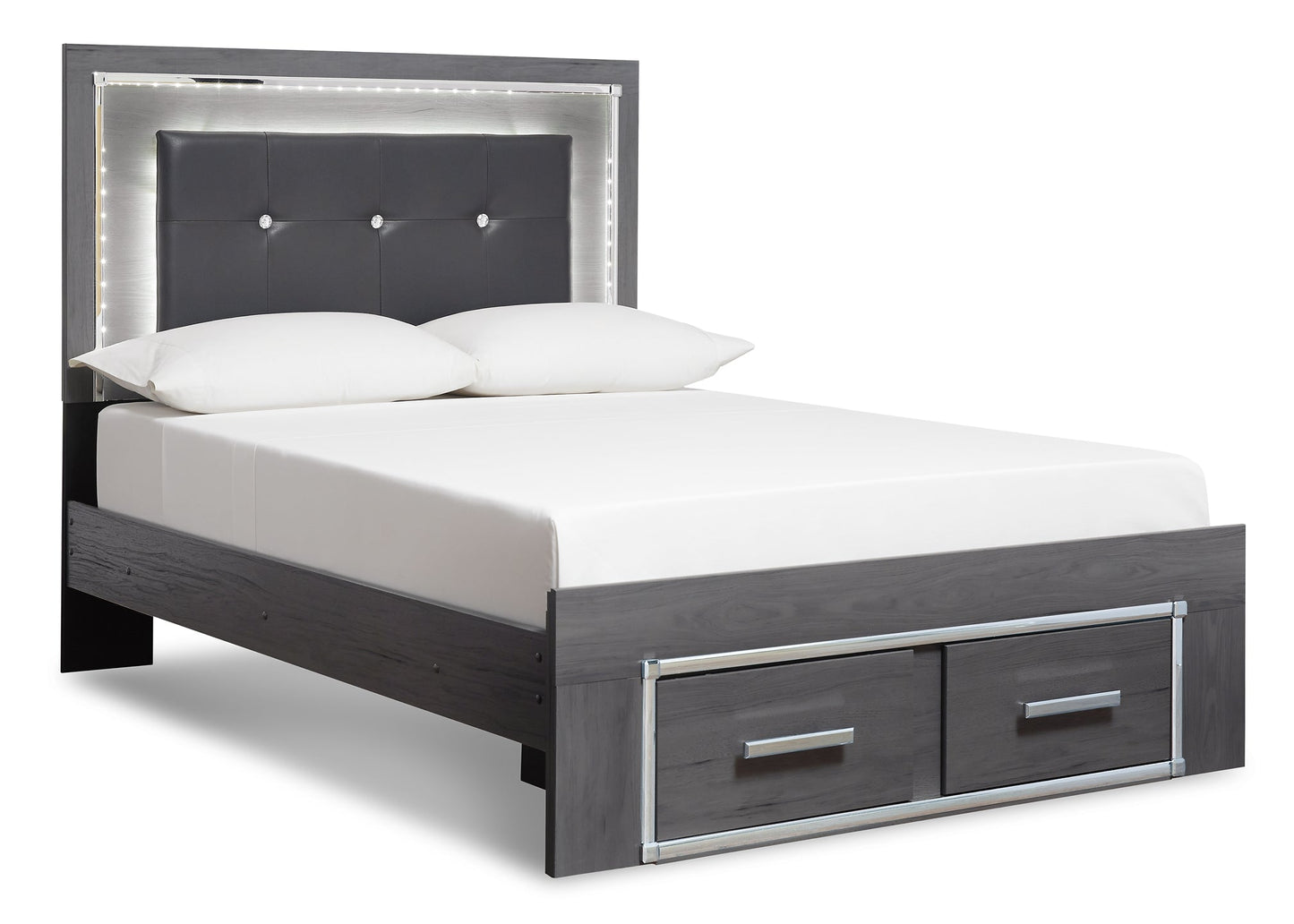 Lodanna King Panel Bed with 2 Storage Drawers with Mirrored Dresser and Chest at Walker Mattress and Furniture Locations in Cedar Park and Belton TX.