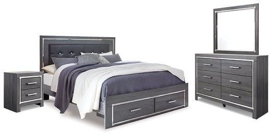 Lodanna King Panel Bed with 2 Storage Drawers with Mirrored Dresser and Nightstand at Walker Mattress and Furniture Locations in Cedar Park and Belton TX.