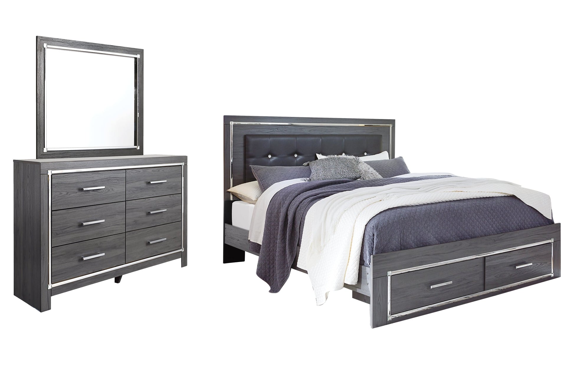Lodanna King Panel Bed with 2 Storage Drawers with Mirrored Dresser at Walker Mattress and Furniture Locations in Cedar Park and Belton TX.