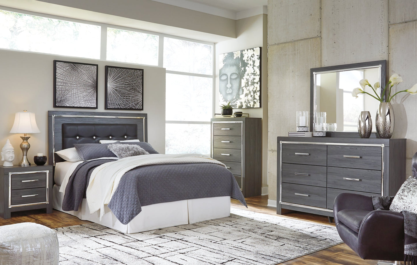 Lodanna Queen/Full Upholstered Panel Headboard with Mirrored Dresser, Chest and Nightstand at Walker Mattress and Furniture Locations in Cedar Park and Belton TX.