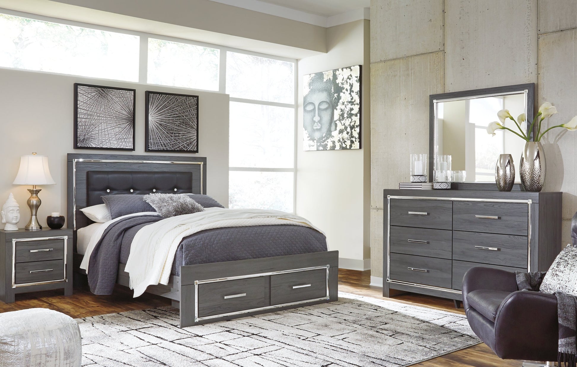 Lodanna Queen Panel Bed with 2 Storage Drawers with Mirrored Dresser, Chest and Nightstand at Walker Mattress and Furniture Locations in Cedar Park and Belton TX.