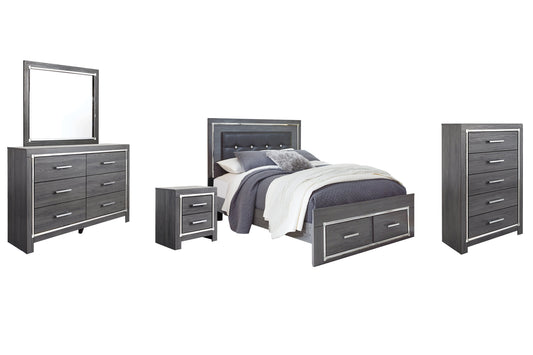Lodanna Queen Panel Bed with 2 Storage Drawers with Mirrored Dresser, Chest and Nightstand at Walker Mattress and Furniture Locations in Cedar Park and Belton TX.