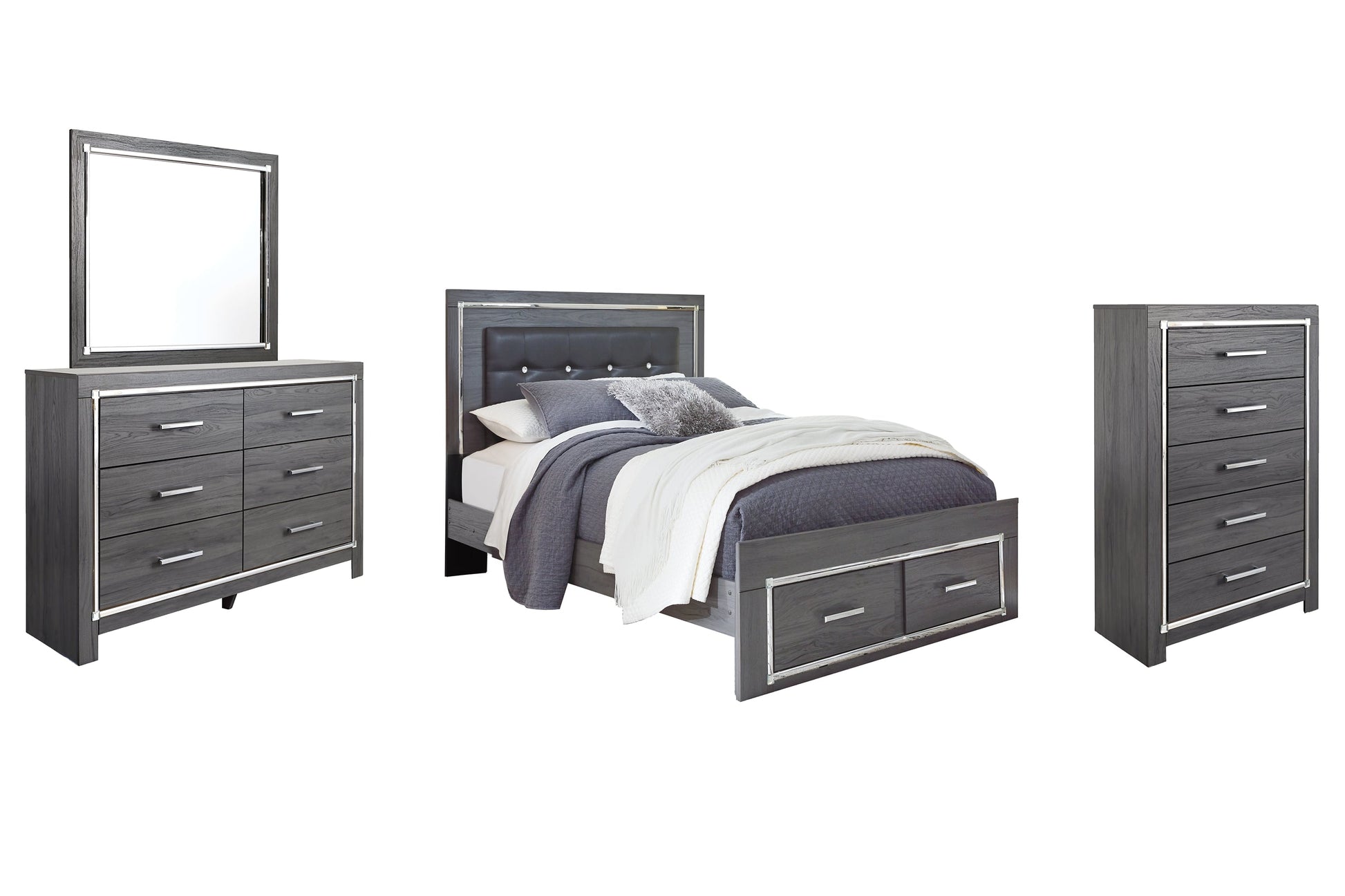 Lodanna Queen Panel Bed with 2 Storage Drawers with Mirrored Dresser and 2 Nightstands at Walker Mattress and Furniture Locations in Cedar Park and Belton TX.