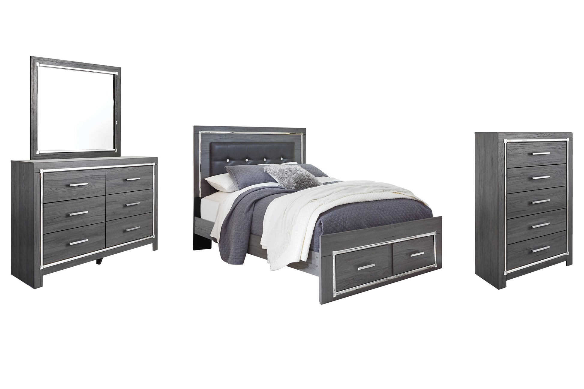 Lodanna Queen Panel Bed with 2 Storage Drawers with Mirrored Dresser and Chest at Walker Mattress and Furniture Locations in Cedar Park and Belton TX.