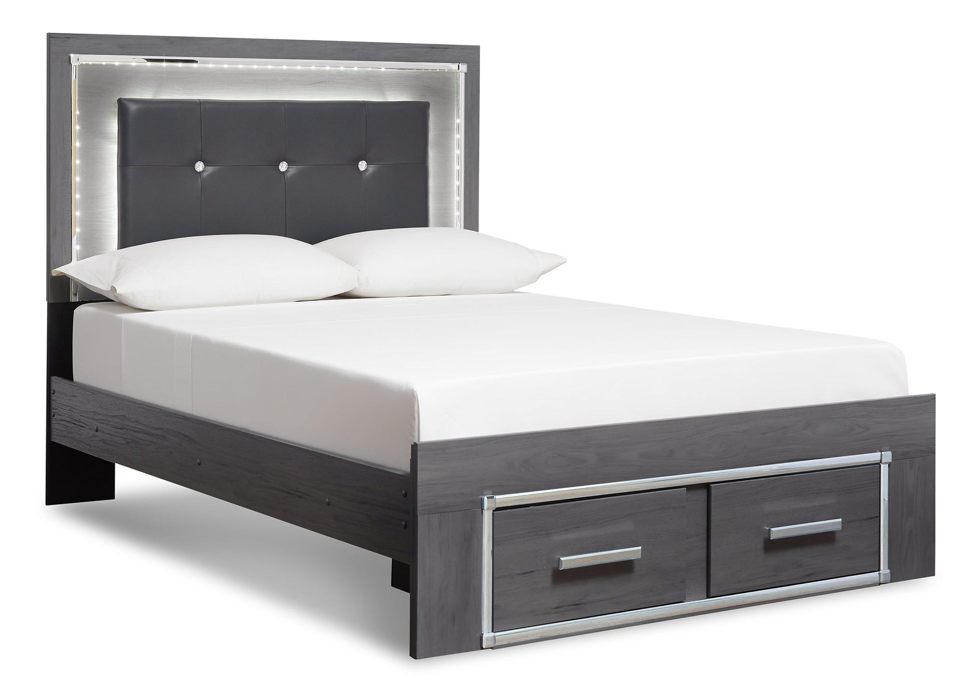 Lodanna Queen Panel Bed with 2 Storage Drawers with Mirrored Dresser and Chest at Walker Mattress and Furniture Locations in Cedar Park and Belton TX.