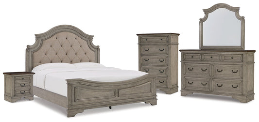 Lodenbay California King Panel Bed with Mirrored Dresser, Chest and Nightstand at Walker Mattress and Furniture Locations in Cedar Park and Belton TX.