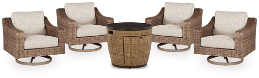 Malayah Outdoor Fire Pit Table and 4 Chairs at Walker Mattress and Furniture Locations in Cedar Park and Belton TX.