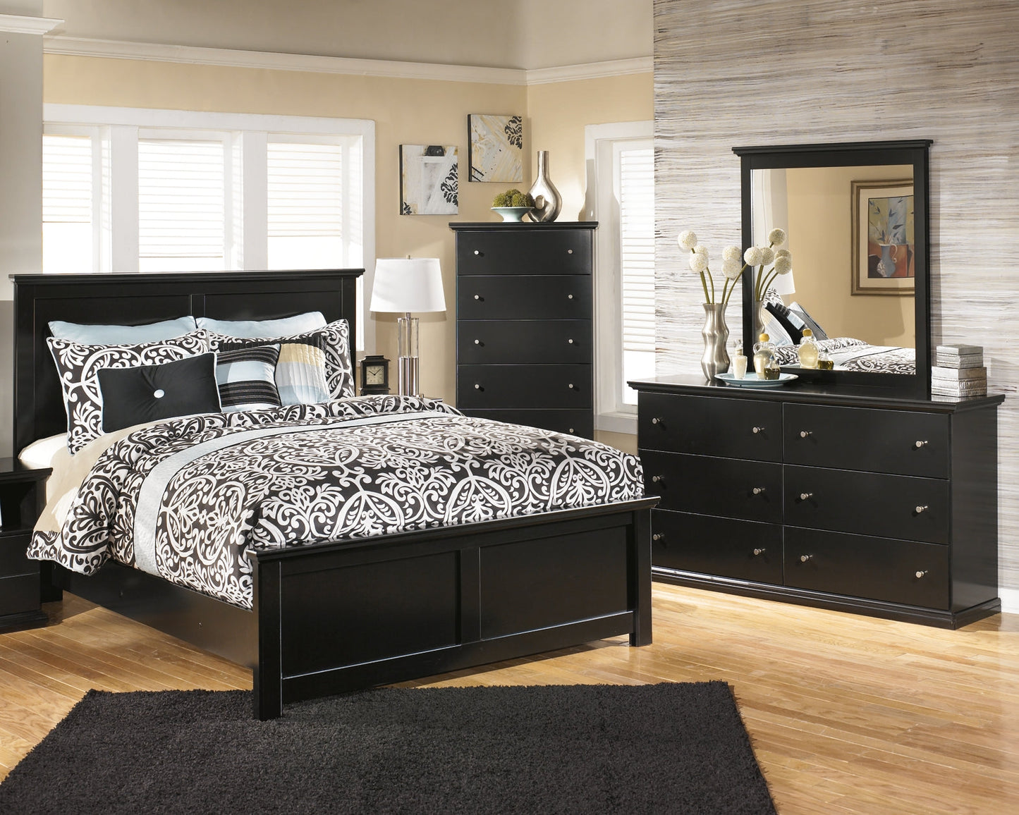 Maribel King/California King Panel Headboard with Mirrored Dresser and Chest at Walker Mattress and Furniture Locations in Cedar Park and Belton TX.